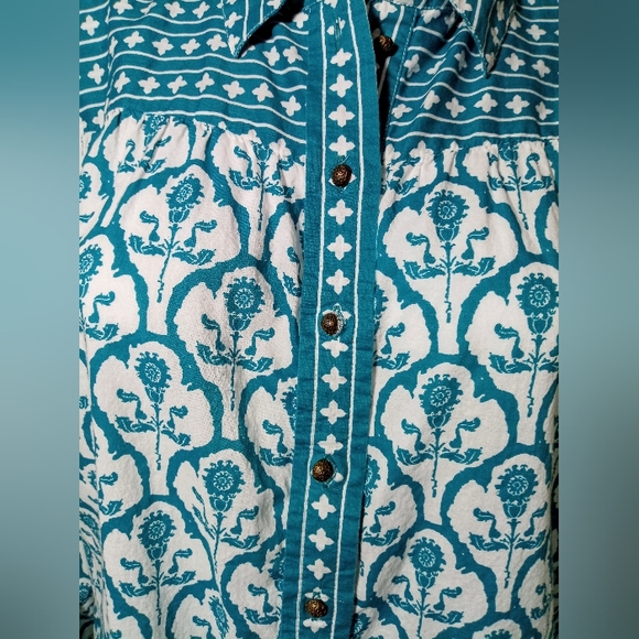Soft Surroundings Teal/White L/S Relaxed Fit Button Up Shirt - Picture 4 of 5